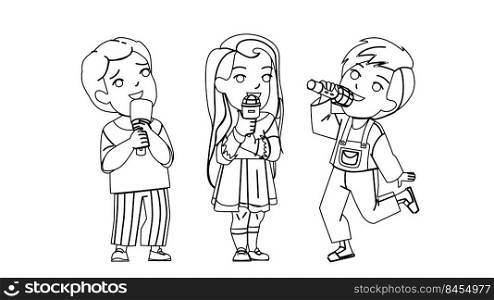 Boy And Girl Children Singing Song Together Vector. Schoolboy And Schoolgirl Kids Singing On Festival Party In Microphone. Happiness Characters Enjoyment And Relaxation black line illustration. Boy And Girl Children Singing Song Together Vector