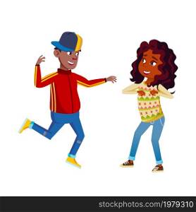 Boy And Girl Couple Kids Dancing Together Vector. African Schoolboy And Schoolgirl Dancing Hip Hop Energy Rhythmic Dance. Characters Children Performance On Party Flat Cartoon Illustration. Boy And Girl Couple Kids Dancing Together Vector