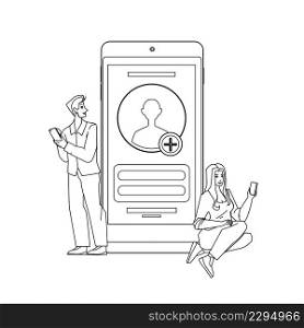 Boy And Girl Create Account In Social Media Black Line Pencil Drawing Vector. Young Man And Woman Using Smartphone And Create Account On Website For Communication And Chatting With Friends.. Boy And Girl Create Account In Social Media Vector