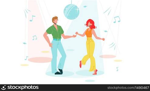 Boy And Girl Dancing Funk Dance Vector. Dancer Young Man And Woman Dancing Hip Hop, Disco Sphere And Sound Notes On Background. Music Club, Active Lifestyle Flat Cartoon Illustration. Boy And Girl Dancing Funk Dance Characters Vector