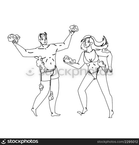 Boy And Girl Enjoy On Foam Party Together Black Line Pencil Drawing Vector. Young Man And Woman Couple In Swimming Suit Enjoying On Foam Party Entertainment. Characters Funny Leisure Time Illustration. Boy And Girl Enjoy On Foam Party Together Vector