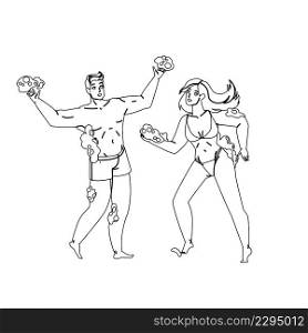 Boy And Girl Enjoy On Foam Party Together Black Line Pencil Drawing Vector. Young Man And Woman Couple In Swimming Suit Enjoying On Foam Party Entertainment. Characters Funny Leisure Time Illustration. Boy And Girl Enjoy On Foam Party Together Vector