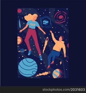 Boy and girl flying in outer space. Cosmic discovery. Cartoon poster with people floating with planets and stars in zero gravity. Galaxy exploration. Freedom concept. Vector fantasy cosmos adventure. Boy and girl flying in outer space. Cosmic discovery. Cartoon poster with people floating with planets in zero gravity. Galaxy exploration. Freedom concept. Vector cosmos adventure
