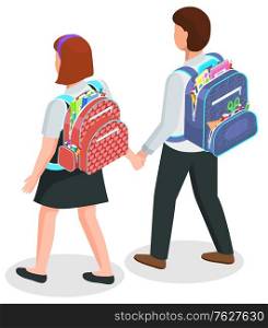 Boy and girl going to school holding hands, children with backpacks vector. Classmates or brother and sister, uniform and rucksacks with stationery. Back to school concept. Flat cartoon isometric 3d. School Kids with Backpacks, Boy and Girl in Unifrm