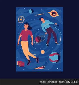Boy and girl in zero gravity. Freedom concept. Cartoon people in outer space. Cosmos exploration. Galaxy discovery. Cute couple flying with planets and stars. Cosmic adventure. Vector spacemen journey. Boy and girl in zero gravity. Freedom concept. People in outer space. Cosmos exploration. Galaxy discovery. Couple flying with planets and stars. Cosmic adventure. Vector spacemen journey