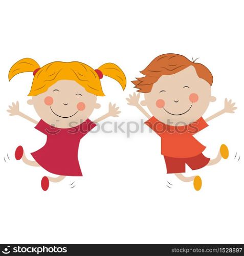 Boy and girl jumping for joy isolated on white background