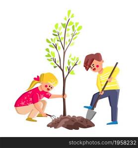 Boy And Girl Kids Planting Tree Together Vector. Schoolboy With Shovel And Schoolgirl With Rake Tool Planting Tree Togetherness In Park Or Garden. Characters Environment Flat Cartoon Illustration. Boy And Girl Kids Planting Tree Together Vector