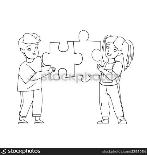 Boy And Girl Kids Playing Puzzle Together Black Line Pencil Drawing Vector. Schoolboy And Schoolgirl Children Play Puzzle Educational Game Togetherness. Characters Funny Leisure Time Illustration. Boy And Girl Kids Playing Puzzle Together Vector