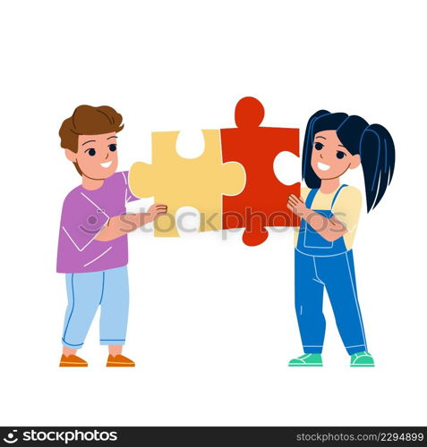 Boy And Girl Kids Playing Puzzle Together Vector. Schoolboy And Schoolgirl Children Play Puzzle Educational Game Togetherness. Characters Funny Leisure Time Flat Cartoon Illustration. Boy And Girl Kids Playing Puzzle Together Vector