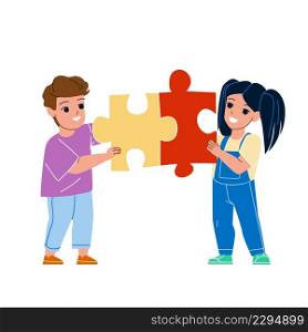 Boy And Girl Kids Playing Puzzle Together Vector. Schoolboy And Schoolgirl Children Play Puzzle Educational Game Togetherness. Characters Funny Leisure Time Flat Cartoon Illustration. Boy And Girl Kids Playing Puzzle Together Vector