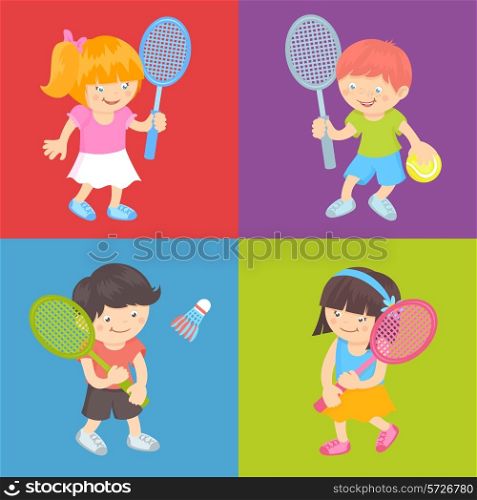 Boy and girl kids with sport equipment playing tennis and badminton flat set isolated vector illustration