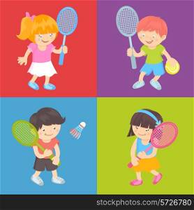 Boy and girl kids with sport equipment playing tennis and badminton flat set isolated vector illustration