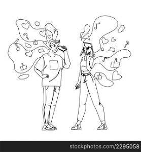 Boy And Girl Listen Social Media Together Black Line Pencil Drawing Vector. Young Man And Woman Couple Listening Social Media On Smartphone, Online Broadcasting. Characters With Digital Gadget. Boy And Girl Listen Social Media Together Vector