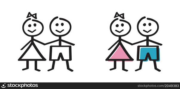 Boy and girl love pictogram. Cartoon stickman and stickwoman. Flat vector stick figure man and woman person or people.