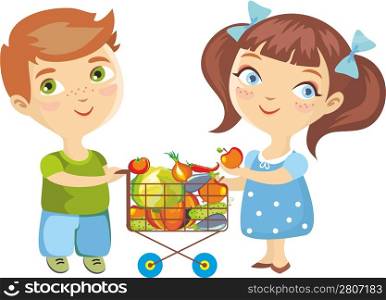 boy and girl make purchasing of vegetables