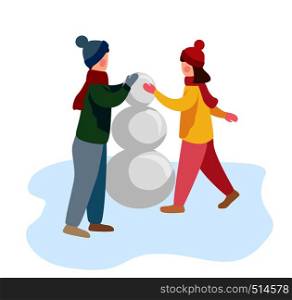 boy and girl making snowman in the park. Flat vector illustration. Children make snowman in the park. Flat vector illustration