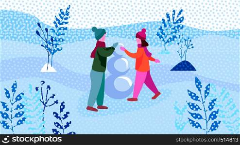 boy and girl making snowman in the park. Flat vector illustration. Children make snowman in the park. Flat vector illustration