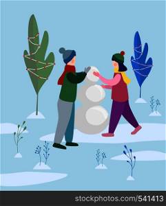 boy and girl making snowman in the park. Flat vector illustration. boy and girl making snowman in the park. vector illustration