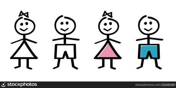 Boy and girl pictogram. Cartoon stickman and stickwoman. Flat vector stick figure man and woman person or people.