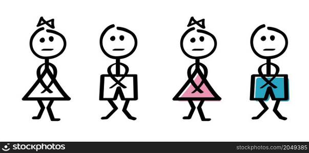 Boy and girl pictogram. Cartoon stickman and stickwoman. Flat vector stick figure man and woman person or people. For toilet, wc and restroom sign