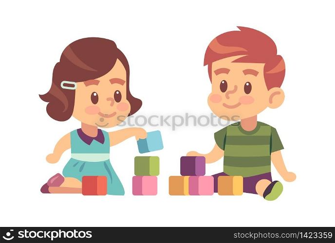 Boy and girl play cubes. Friendly children building from blocks on floor together, vector kids characters education concept. Boy and girl play cubes. Friendly children building from blocks on floor, vector kids characters education concept