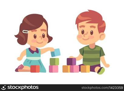 Boy and girl play cubes. Friendly children building from blocks on floor together, vector kids characters education concept. Boy and girl play cubes. Friendly children building from blocks on floor, vector kids characters education concept
