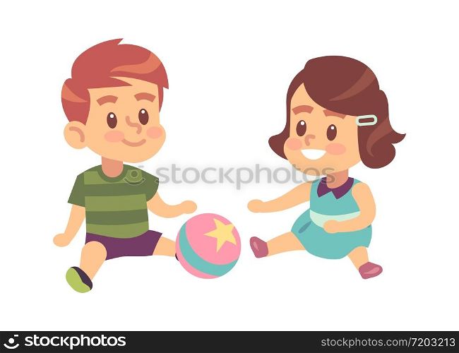 Boy and girl play together. Cute little children with ball sitting on the floor isolated vector cartoon game characters. Boy and girl play together. Cute little children with ball isolated vector cartoon game characters