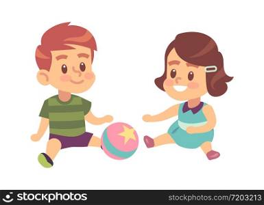 Boy and girl play together. Cute little children with ball sitting on the floor isolated vector cartoon game characters. Boy and girl play together. Cute little children with ball isolated vector cartoon game characters