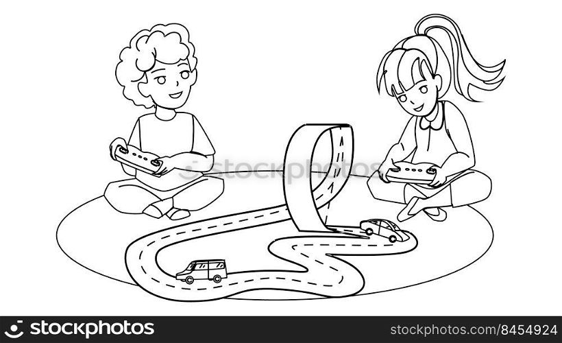 Boy And Girl Playing Car Tracks Together Vector. Preschooler Children Play Electronic Car Tracks Toy. Characters Kids Enjoying Automobile Race With Remote Control black line illustration. Boy And Girl Playing Car Tracks Together Vector