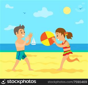 Boy and girl playing volleyball on beach, smiling people on coast throw ball. Sailboat and flying birds, summer activity, teenagers full length view vector. Smiling People Playing Volleyball on Beach Vector