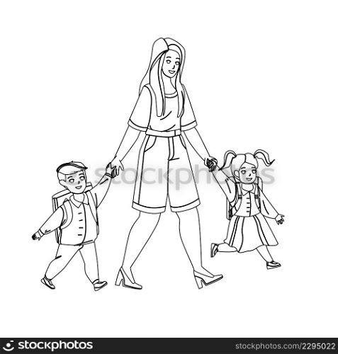 Boy And Girl Pupil Go To School With Mother Black Line Pencil Drawing Vector. Little Schoolboy And Schoolgirl Children With Backpack Go To School Elementary Together With Mom Woman. Characters. Boy And Girl Pupil Go To School With Mother Vector