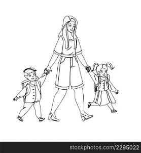 Boy And Girl Pupil Go To School With Mother Black Line Pencil Drawing Vector. Little Schoolboy And Schoolgirl Children With Backpack Go To School Elementary Together With Mom Woman. Characters. Boy And Girl Pupil Go To School With Mother Vector