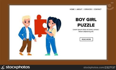 Boy And Girl Puzzle Jigsaw Play Together Vector. Boy And Girl Puzzle Playing Together In Kindergarten. Characters Playful Time Smart Game And Recreation Web Flat Cartoon Illustration. Boy And Girl Puzzle Jigsaw Play Together Vector