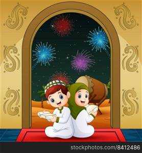 Boy and girl reading book at Night Background for Islamic Festivals Celebration 