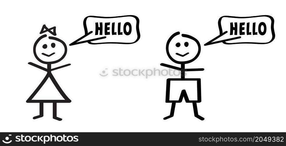 Boy and girl say or tel hello. Cartoon stickman and stickwoman. Flat vector stick figure man and woman person or people pictogram.