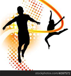 Boy and girl silhouettes dancing and jumping