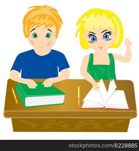 Boy and girl sit for school desk in school. Children in school