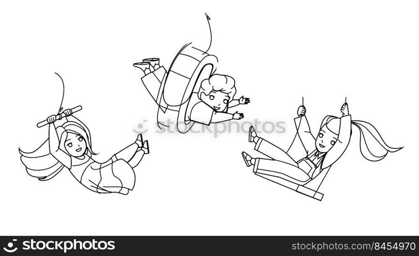Boy And Girl Swinging On Swing And Bungee Vector. Happiness Children Swinging Togetherness And Playing On Playground. Characters Kids Funny Leisure Time Outdoor black line illustration. Boy And Girl Swinging On Swing And Bungee Vector