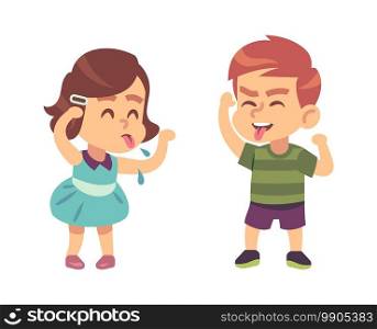 Boy and girl teasing each other. Naughty preschooler show tongue, happy children funny games, bad manners kids conflict on playground or kindergarten vector illustration isolated on white background. Boy and girl teasing each other. Naughty preschooler show tongue, happy children funny games, bad manners kids conflict on playground or kindergarten vector isolated illustration