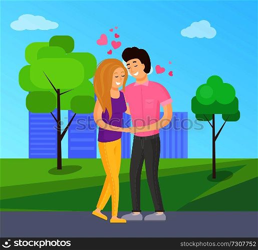 Boy and girl tenderly hugging, young lovers embracing, boy and girl in love, happy couple vector on background of skyscrapers in park with green trees. Boy Girl Tenderly Hugging, Young Lovers Embracing