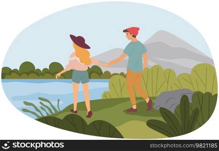 Boy and girl walking on shore of lake or river. People in love spending time together outdoor. Couple in relationship walks by handle. Guy and lady communicate and relax on coastline in summer. Boy and girl walking on shore of lake or river. People in love spending time together outdoor
