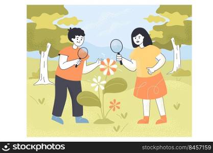 Boy and girl watching flower using magnifying glass outdoors. Cute cartoon children with plant, spring activities flat vector illustration. Nature, biology, education concept for website design