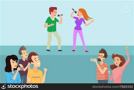 Boy and girl with microphone on stage and people near scene singing with hands up. Men and women recording on phone performance and performers vector. Boy and Girl Singing in Karaoke on Stage