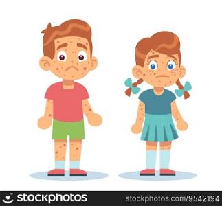 Boy and girl with skin problems, with rashes all over their bodies. Chickenpox, measles and atopic dermatitis. Dermatology treatment. Cartoon flat style isolated illustration. Vector medical concept. Boy and girl with skin problems, with rashes all over their bodies. Chickenpox, measles and atopic dermatitis. Dermatology treatment. Cartoon flat isolated illustration. Vector medical concept