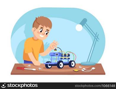 Boy assembling robot car flat vector illustration. Automated constructor kit for children. After school club. Robotics construction hobby. Kid creating electronic toy cartoon character