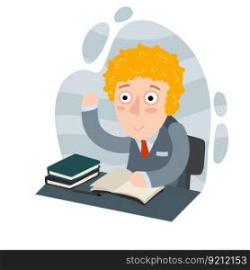 Boy at Desk at school with book. Training and education of students. Funny children drawing. Red kid in suit. Concept of smart student.. Boy at Desk at school with book.