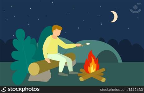 Boy at night cook marshmallow concept banner. Flat illustration of boy at night cook marshmallow vector concept banner for web design. Boy at night cook marshmallow concept banner, flat style