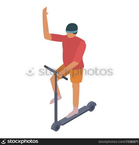 Boy at scooter icon. Isometric of boy at scooter vector icon for web design isolated on white background. Boy at scooter icon, isometric style