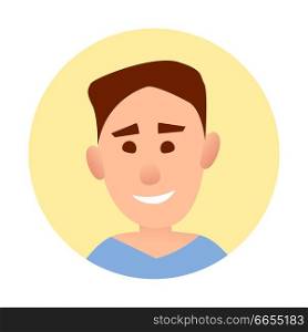 Boy avatar in round web button isolated on white. Smiling schoolboy teenager userpic profile icon. Vector illustration of caucasian teen in flat cartoon style, brunet handsome guy in casual cloth. Boy Avatar in Round Web Button Isolated on White