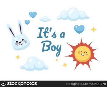 Boy baby shower ecard greeting card design. Sunny clouds colorful flat illustration white background. Kid newborn. Cute rabbit dreamy sky 2D cartoon vector image, event special occasion postcard. Boy baby shower ecard greeting card design